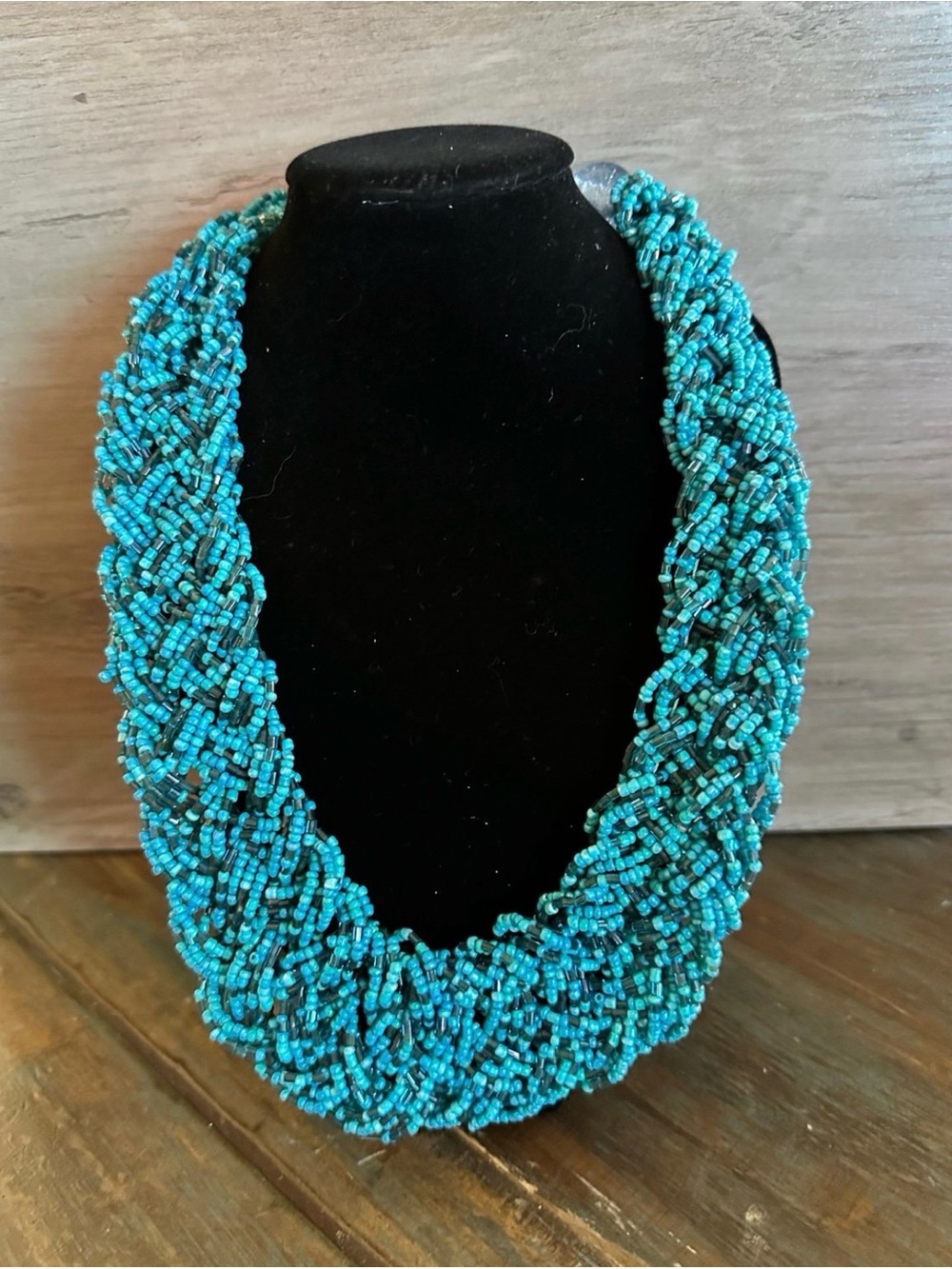 Turquoise Blue Seed Bead Statement Necklace Multi Strand Woven Boho